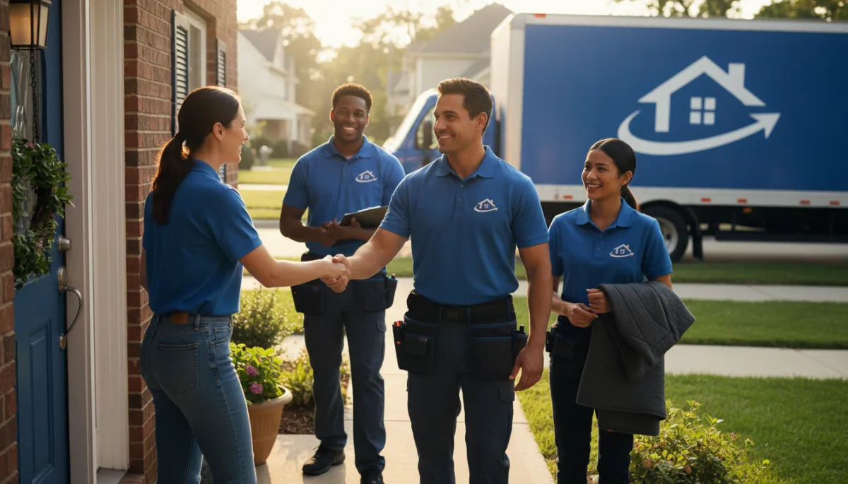 Photorealistic image of a professional local moving crew arriving on time at a client's home, smiling and greeting the customer at the door. The scene conveys reliability, warmth, and approachable professionalism with blue uniforms and warm, natural lighting.