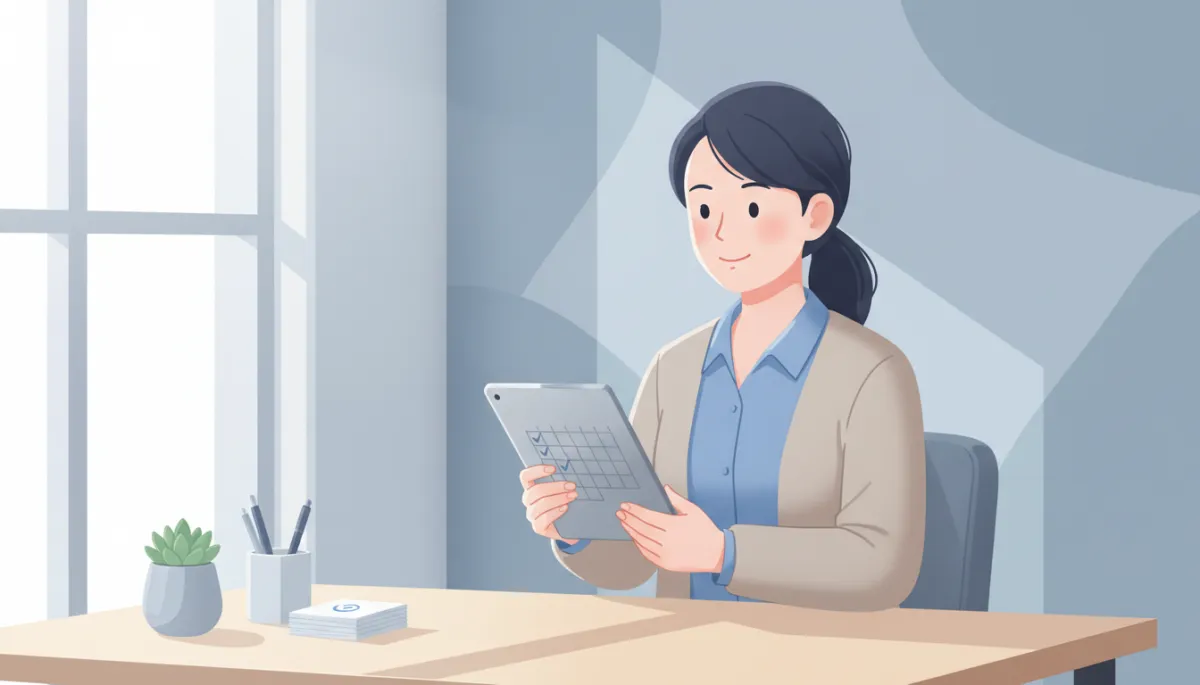 Photorealistic image of a confident, organized local service business owner sitting at a tidy desk, calmly checking a full booking calendar on a simple tablet (screen not visible or just shows check marks and appointments). The workspace is clean, inviting, with blue and neutral colors, radiating a sense of control and satisfaction.