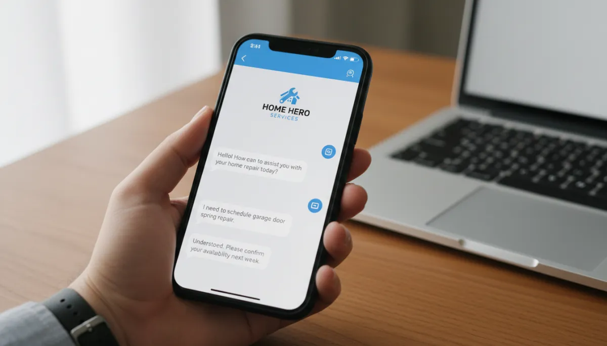 Smartphone screen showing AI chat assisting a customer with garage door service questions