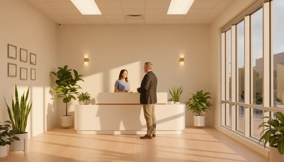 A wide cinematic shot of a bright, modern, welcoming Midtown Atlanta chiropractic clinic reception area at golden hour — warm lighting, clean white walls, wood accents, green plants, a friendly staff member at the front desk smiling at a patient, professional and trustworthy healthcare atmosphere. Canon EOS R5, 35mm, ultra sharp.