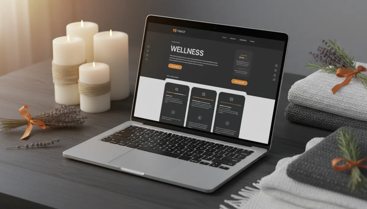 Laptop showing modern wellness website with warm orange accents and calming surroundings Laptop showing modern wellness website with warm orange accents and calming surroundings