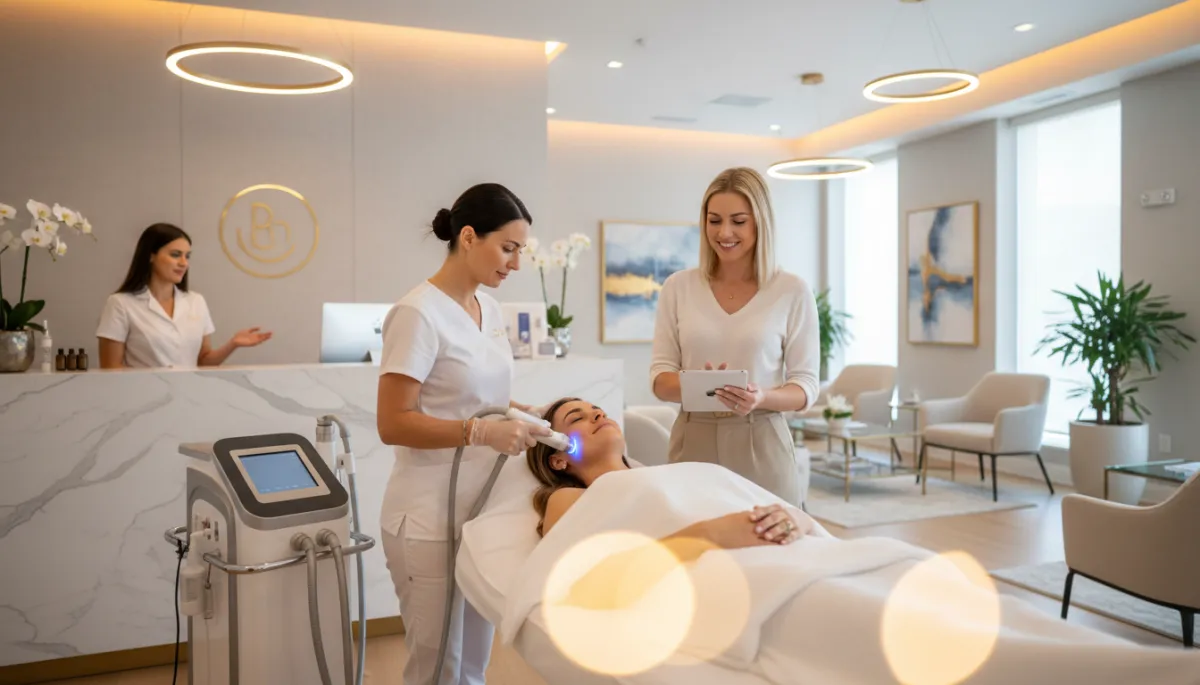 Photorealistic spa owner and manager sitting together in a bright office, smiling while reviewing a tablet that shows a full booking calendar and rising monthly revenue graph Photorealistic spa owner and manager sitting together in a bright office, smiling while reviewing a tablet that shows a full booking calendar and rising monthly revenue graph