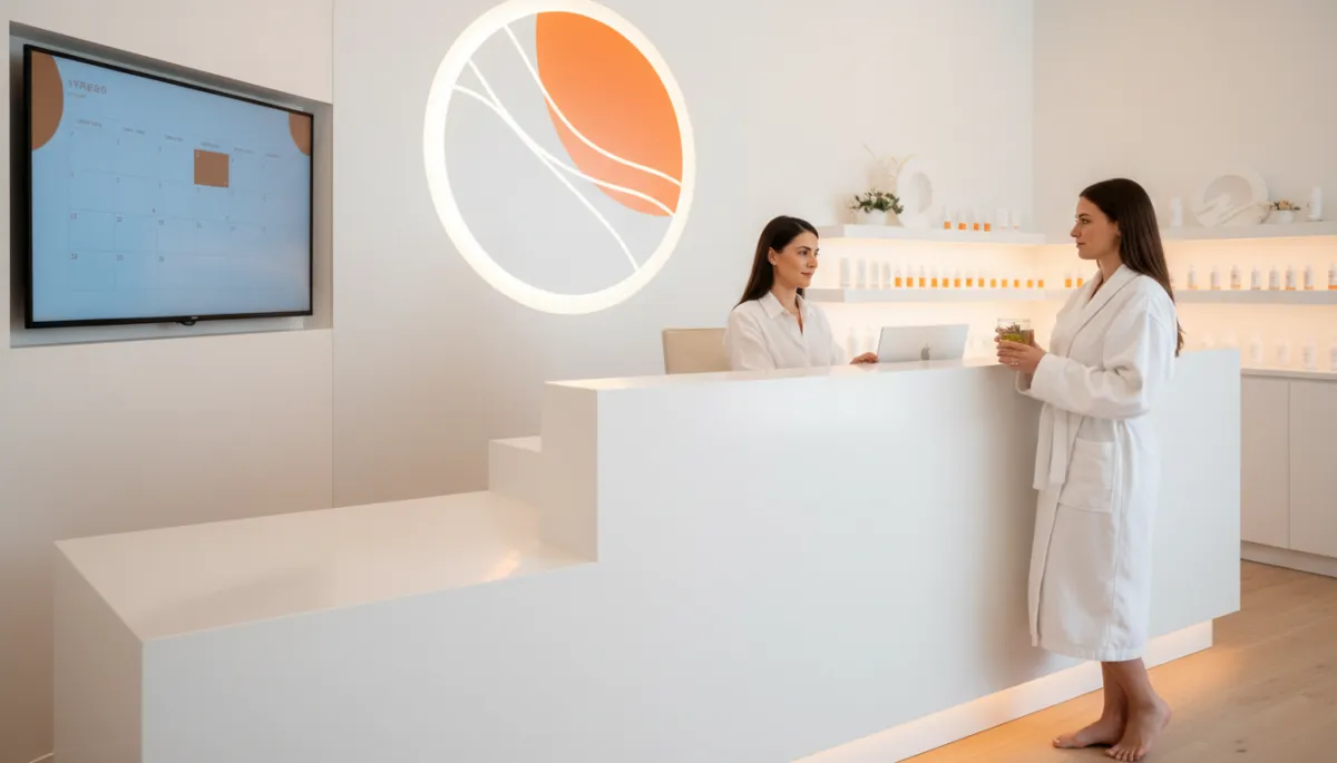 Wellness studio receptionist calmly updating a client appointment at the front desk