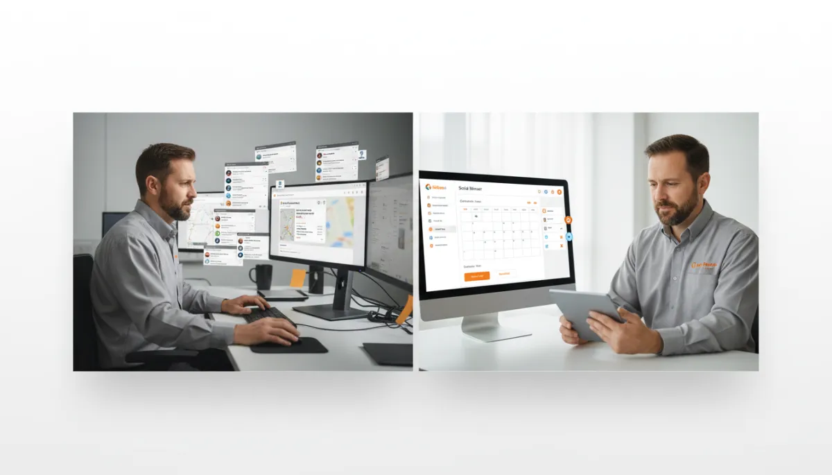 Comparison of old multi-tab posting workflow versus new unified Social Planner with GBP sync