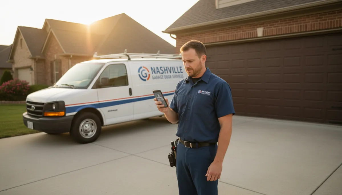 hyper-realistic DSLR-style wide shot of a Nashville garage door technician in branded uniform standing beside a service van in a suburban driveway at golden hour, looking down at a smartphone showing a missed call notification while a two-car garage door is partially open in the background, natural neutral-toned lighting, Canon EOS R5