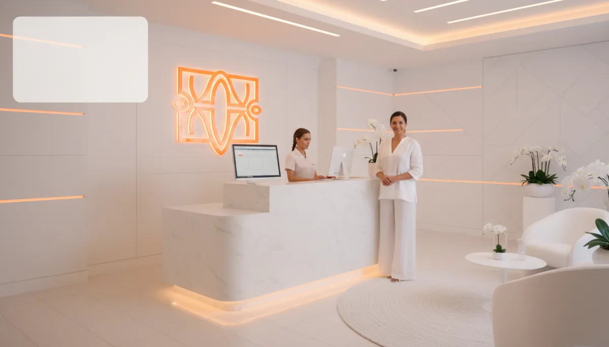 photorealistic upscale Atlanta spa reception with white interiors, #FF6B00 orange accent signage and decor, calm spa owner standing beside front desk where staff member is updating a booking on a computer screen, subtle overlay text area in top-left