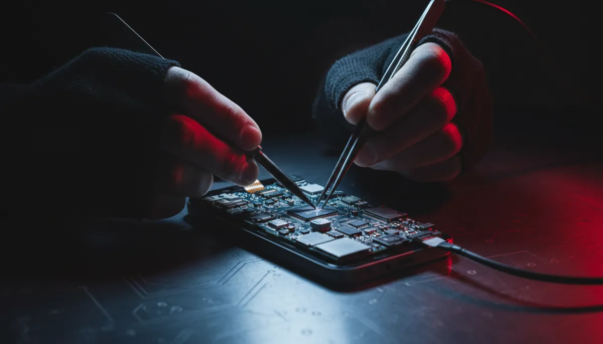 Technician hands repairing a smartphone motherboard at a clean electronics repair bench