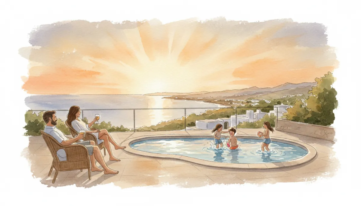Family relaxing on a Costa Blanca villa terrace at sunset