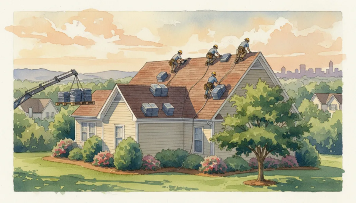 Roofing crew installing architectural shingles on a Raleigh-Durham home