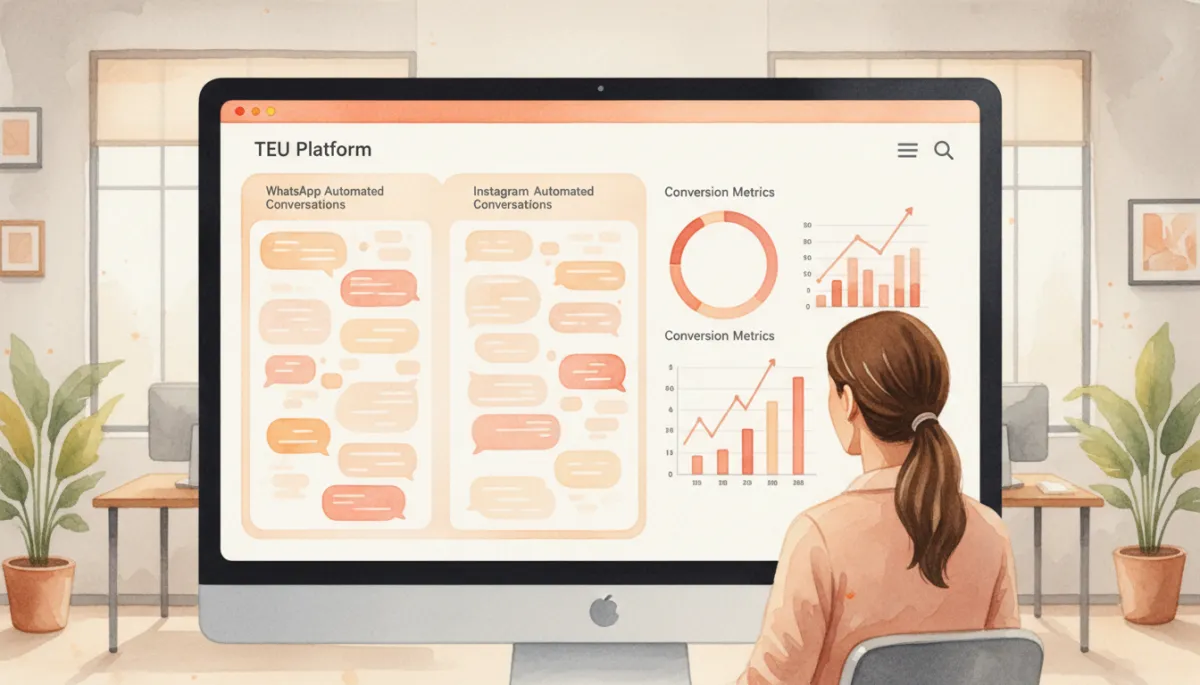 Interfaz de plataforma TEU con conversaciones automatizadas y métricas para MiPymes