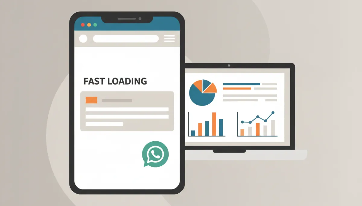 Smartphone with fast-loading website showing WhatsApp icon and contact form Smartphone with fast-loading website showing WhatsApp icon and contact form