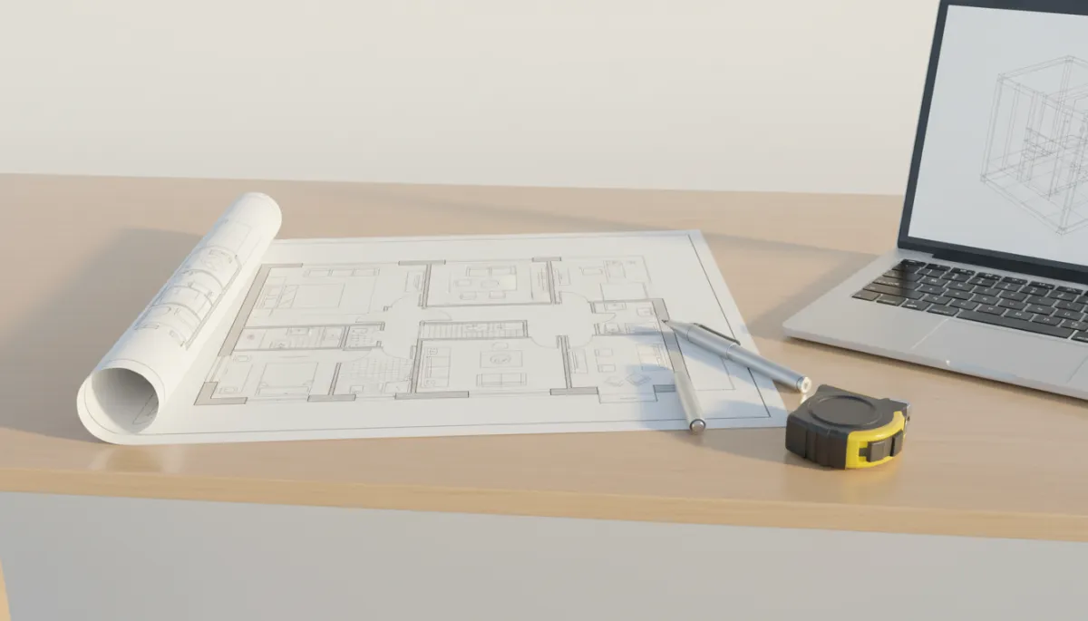 Detailed printed floor plan with tools on a neutral-toned desk Detailed printed floor plan with tools on a neutral-toned desk