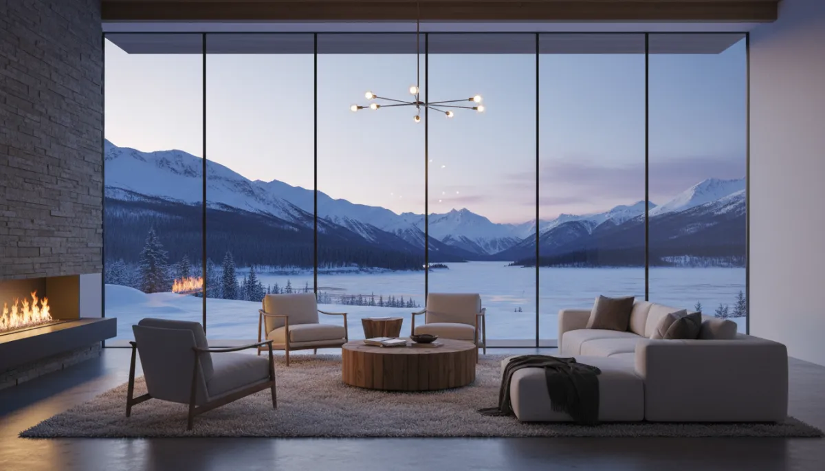 Cozy Alaskan living room staged to appeal to winter homebuyers