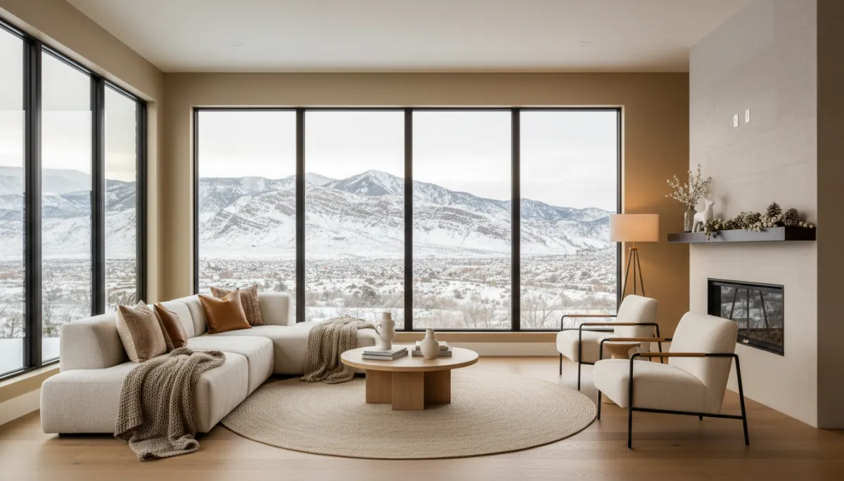 Modern clean style staged Utah living room in warm neutral tones