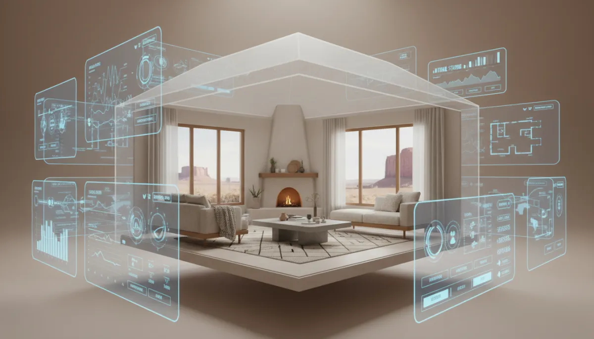 3d render digital art of a virtually staged New Mexico home with digital overlays 3d render digital art of a virtually staged New Mexico home with digital overlays