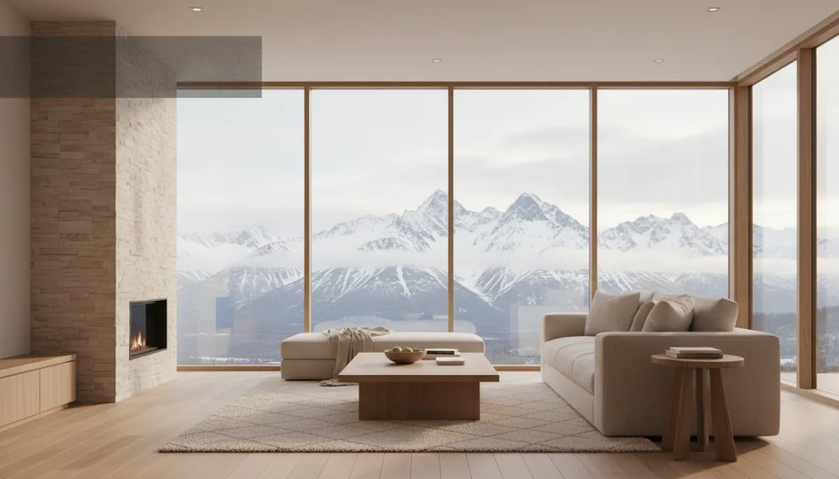 Modern clean warm neutral living room with large windows and mountain views Modern clean warm neutral living room with large windows and mountain views