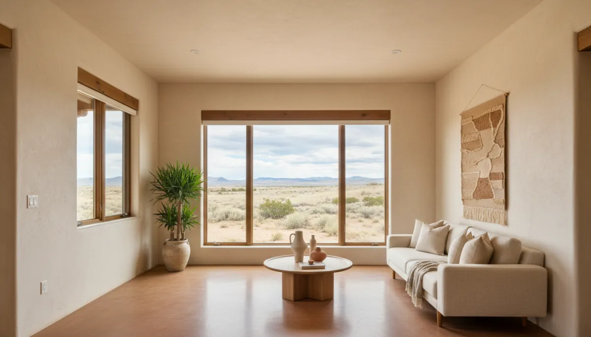 Minimalist adobe living room with large windows and New Mexico landscape outside