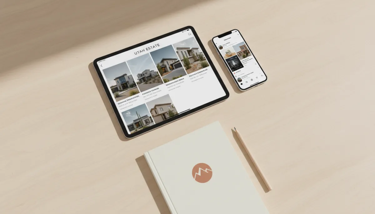 Digital devices displaying Utah real estate listing photos and social media posts Digital devices displaying Utah real estate listing photos and social media posts