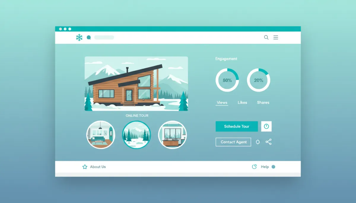 Modern clean dashboard of Alaskan real estate listings with online tour metrics Modern clean dashboard of Alaskan real estate listings with online tour metrics