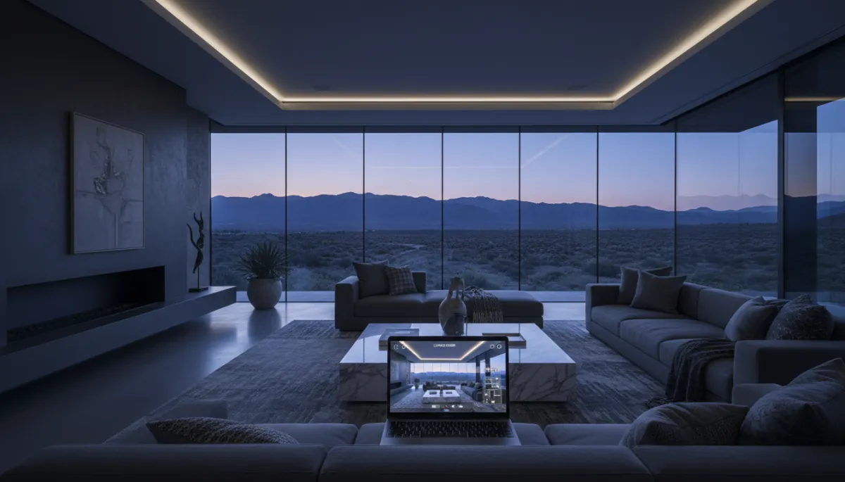 Buyer exploring an online virtual tour of a luxury New Mexico living room