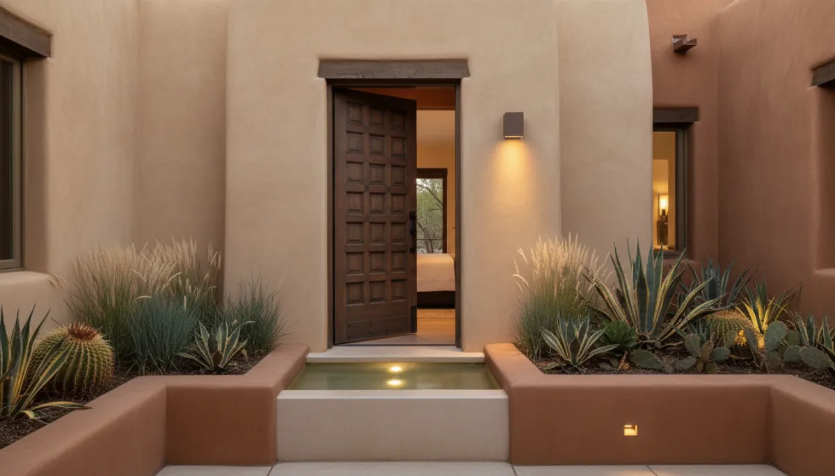 Detail of luxury New Mexico courtyard with adobe walls and native landscaping