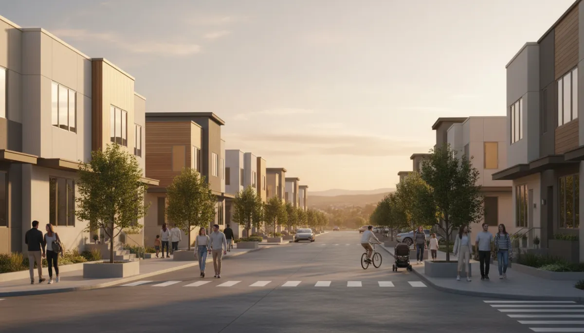 Modern clean Utah community streetscape with warm neutral townhomes Modern clean Utah community streetscape with warm neutral townhomes