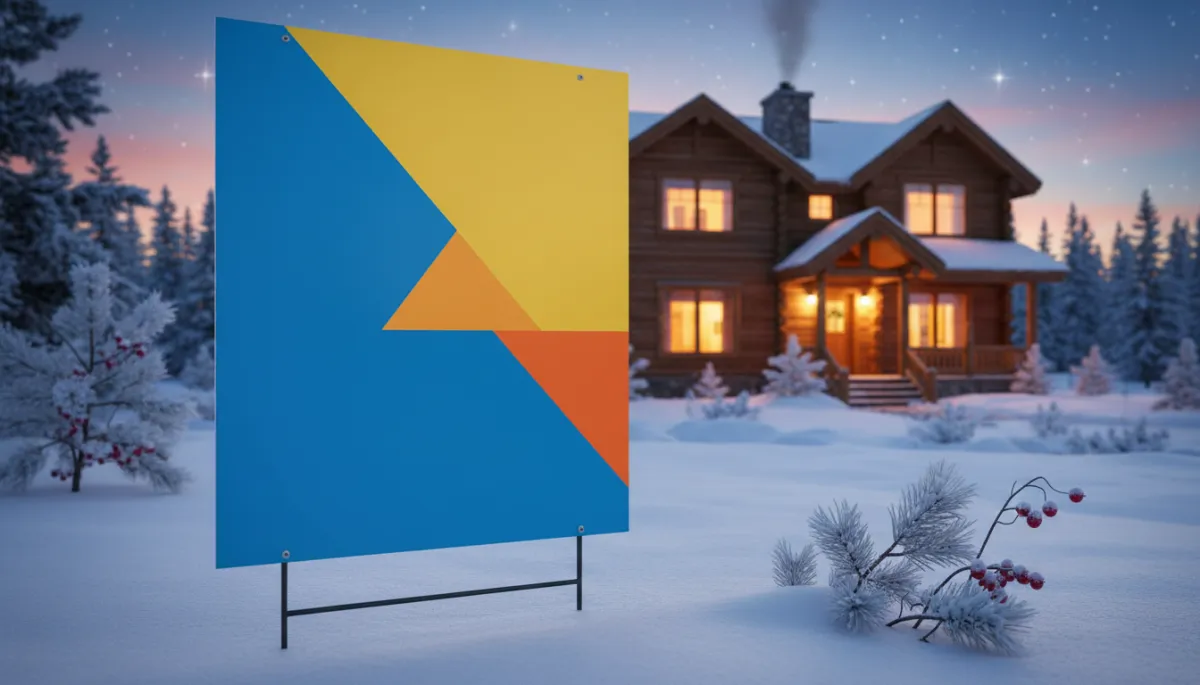 Consistent branded real estate yard sign outside an Alaska home in winter
