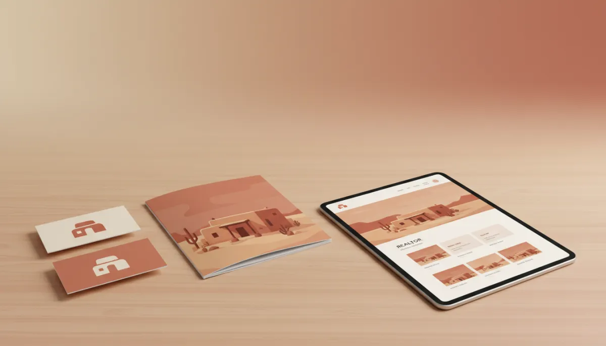 Cohesive real estate branding materials for a New Mexico realtor in warm neutral tones Cohesive real estate branding materials for a New Mexico realtor in warm neutral tones