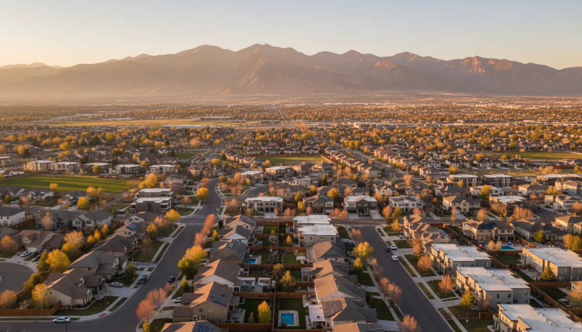 Utah suburban neighborhood with homes and mountains at sunset Utah suburban neighborhood with homes and mountains at sunset