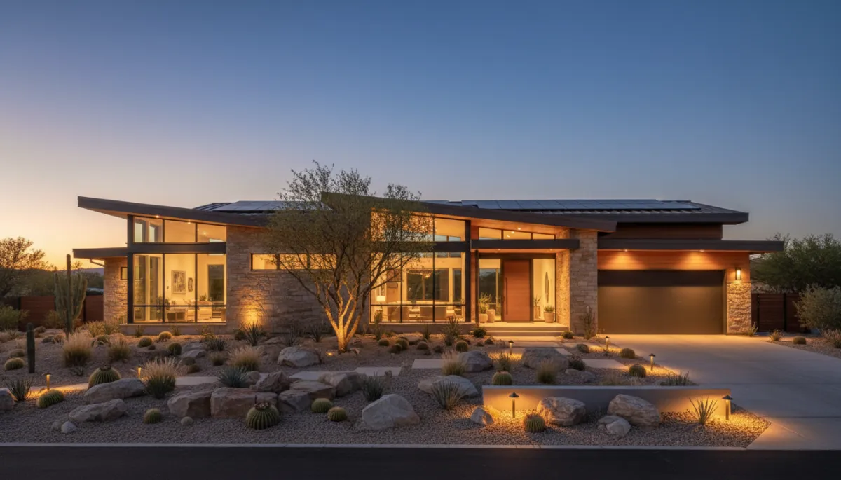 Twilight exterior of a net-zero Utah home with solar roof and xeriscaping Twilight exterior of a net-zero Utah home with solar roof and xeriscaping