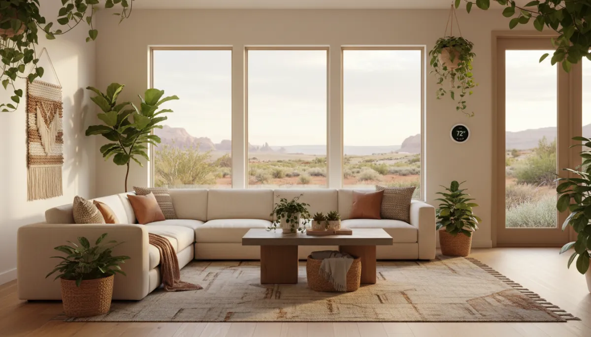 Bright eco-friendly Utah living room with large windows and natural materials Bright eco-friendly Utah living room with large windows and natural materials