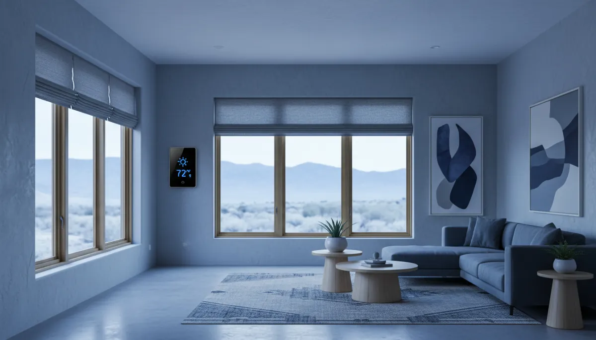 Interior of an eco-friendly New Mexico home with large windows and smart controls Interior of an eco-friendly New Mexico home with large windows and smart controls
