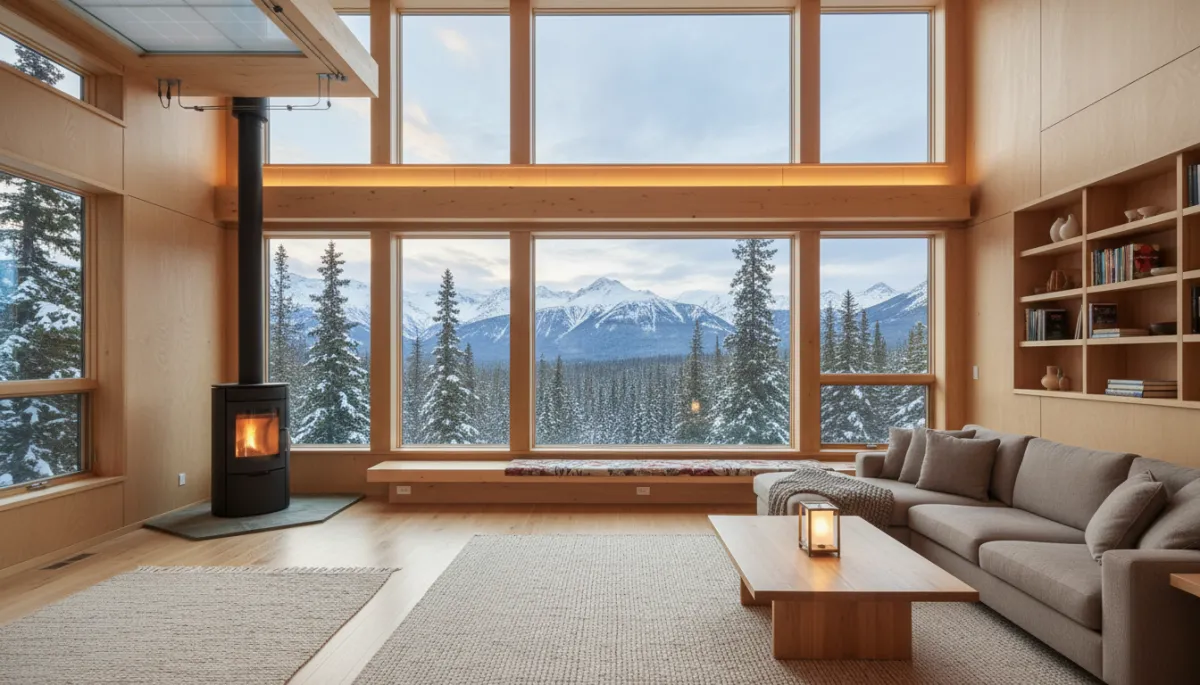 Warm modern interior of an energy-efficient Alaskan home