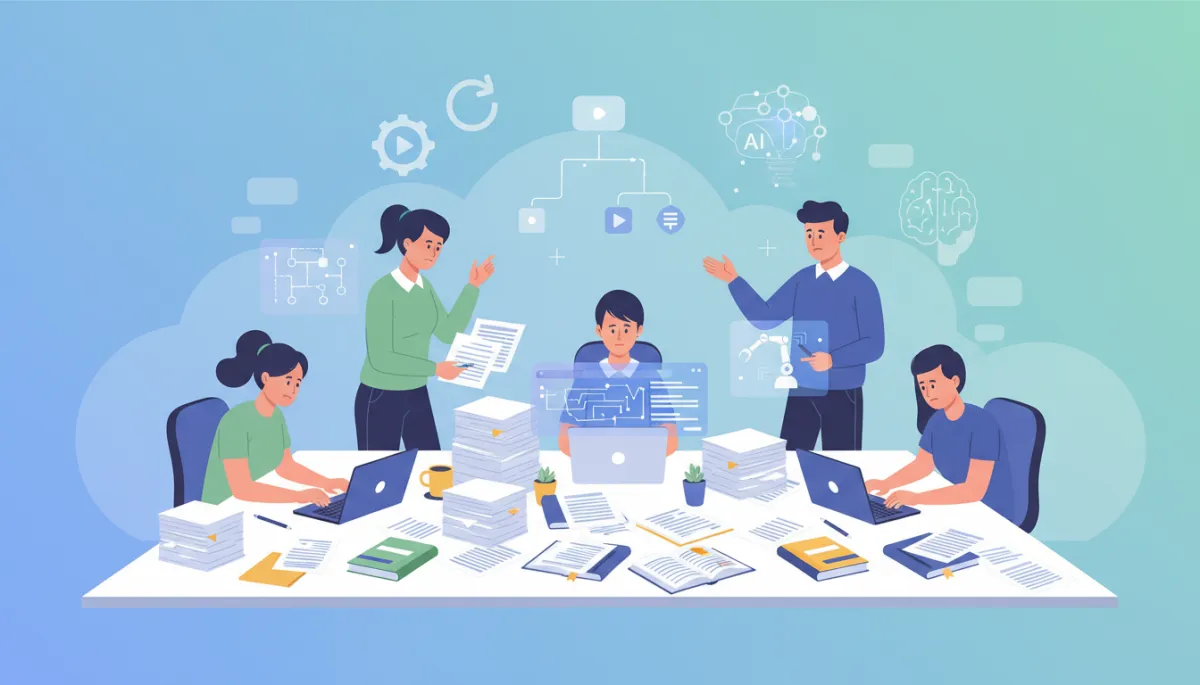 Busy small business team surrounded by paperwork, spreadsheets, and laptops, with subtle overlay of automated workflow icons and AI elements indicating transition from manual tasks to streamlined automation Busy small business team surrounded by paperwork, spreadsheets, and laptops, with subtle overlay of automated workflow icons and AI elements indicating transition from manual tasks to streamlined automation