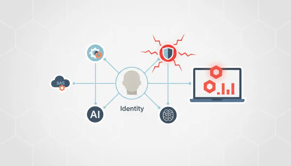Visualization of SaaS and AI integrations connected through a central identity with one compromised node Visualization of SaaS and AI integrations connected through a central identity with one compromised node