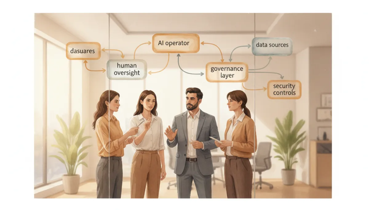 Leadership team reviewing a governance model for AI operators Leadership team reviewing a governance model for AI operators