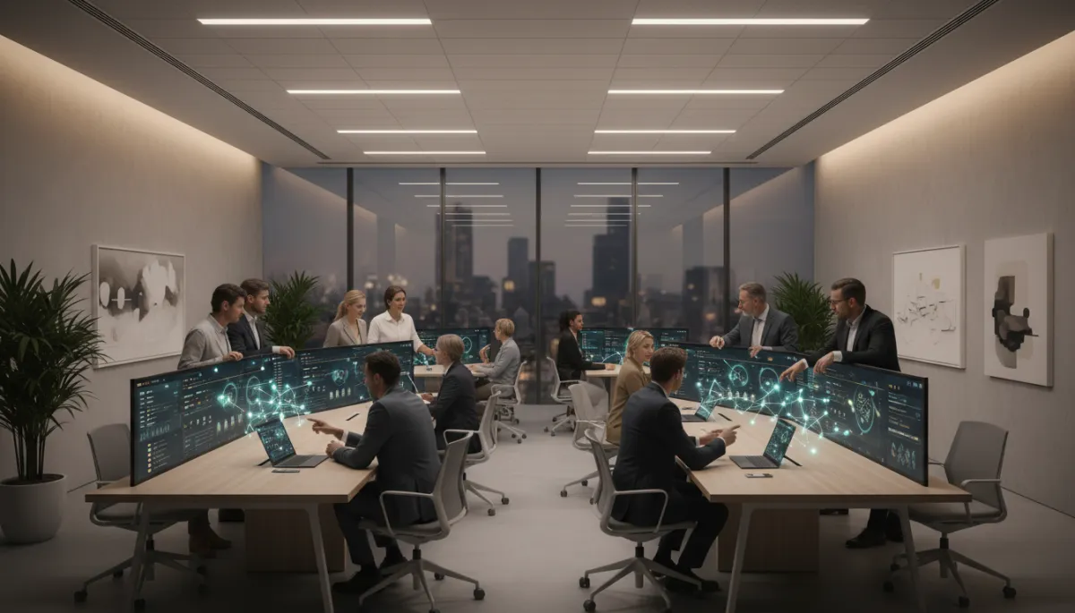 Team working with AI-augmented CRM and scheduling dashboards in a modern office Team working with AI-augmented CRM and scheduling dashboards in a modern office