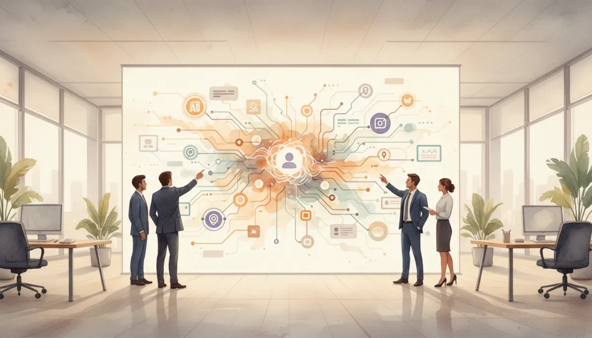 professional, neutral-toned open-plan office where a leadership team reviews a large wall display showing an AI assistant orchestrating data, workflows, and apps into a unified dashboard