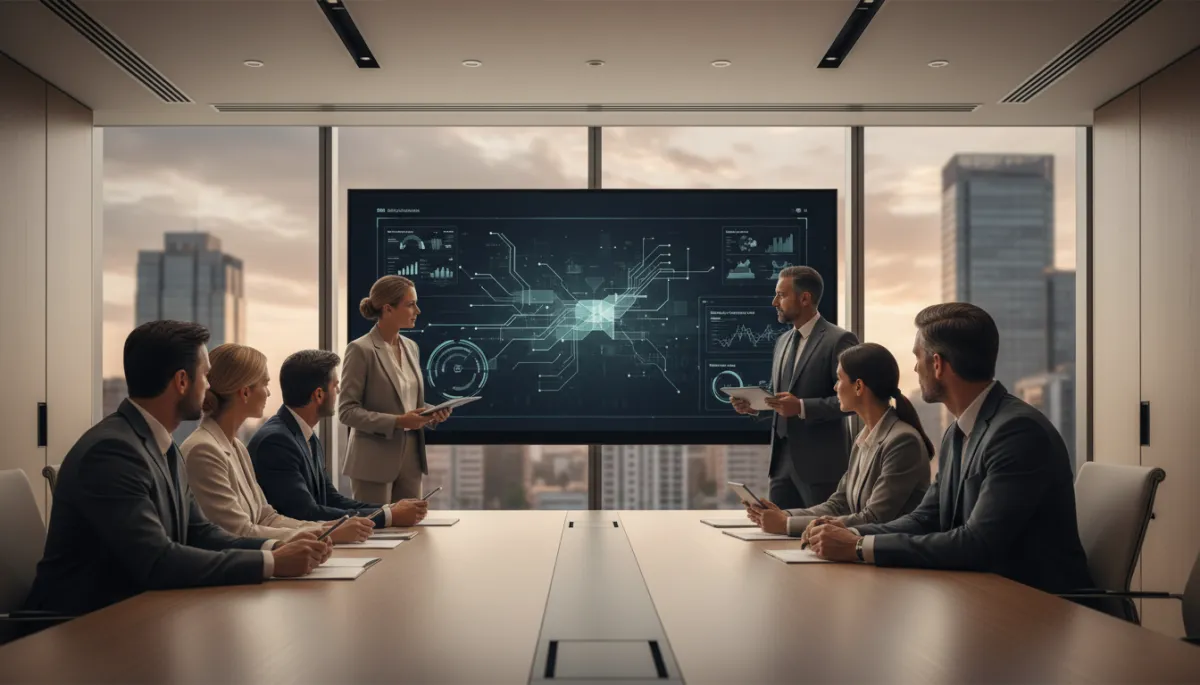 professional neutral-toned boardroom scene where a diverse group of executives reviews an AI operations dashboard on a large wall screen, subtle city skyline in background, clean modern design, calm lighting