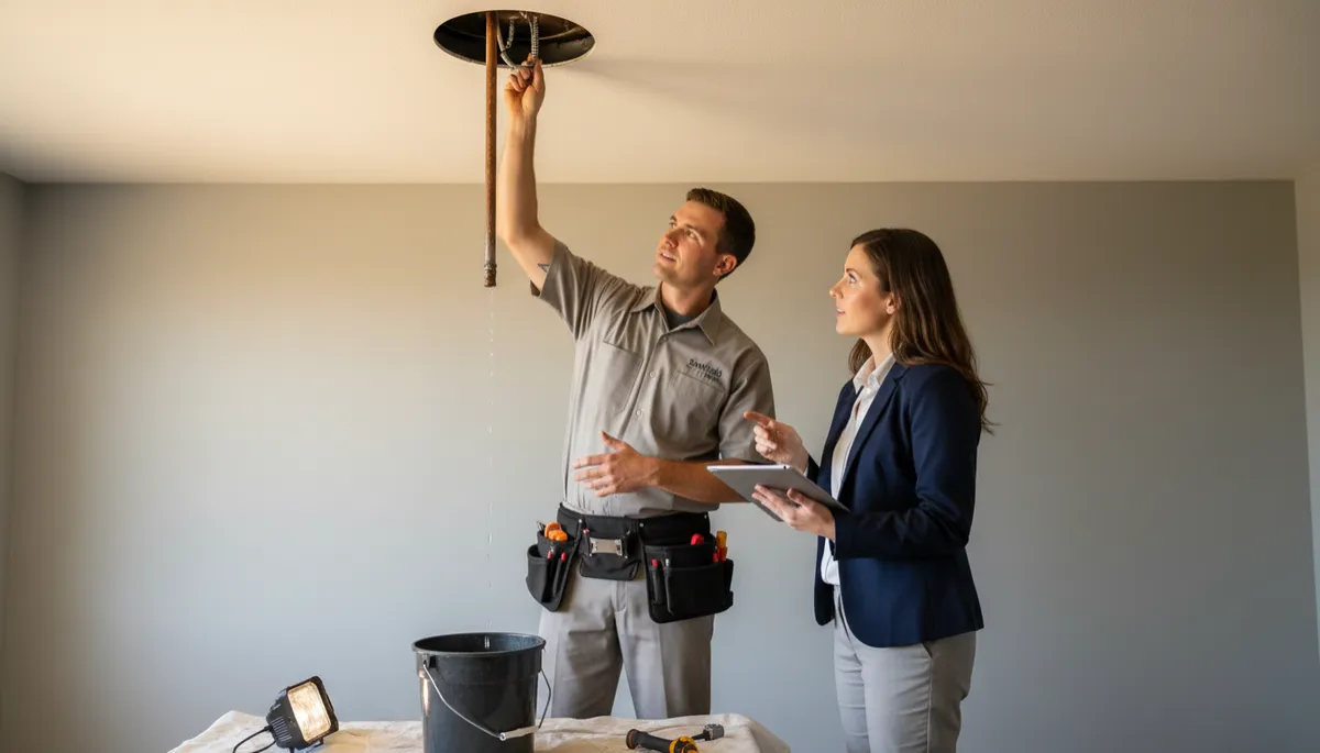 Plumber and property manager reviewing an urgent plumbing repair on site Plumber and property manager reviewing an urgent plumbing repair on site