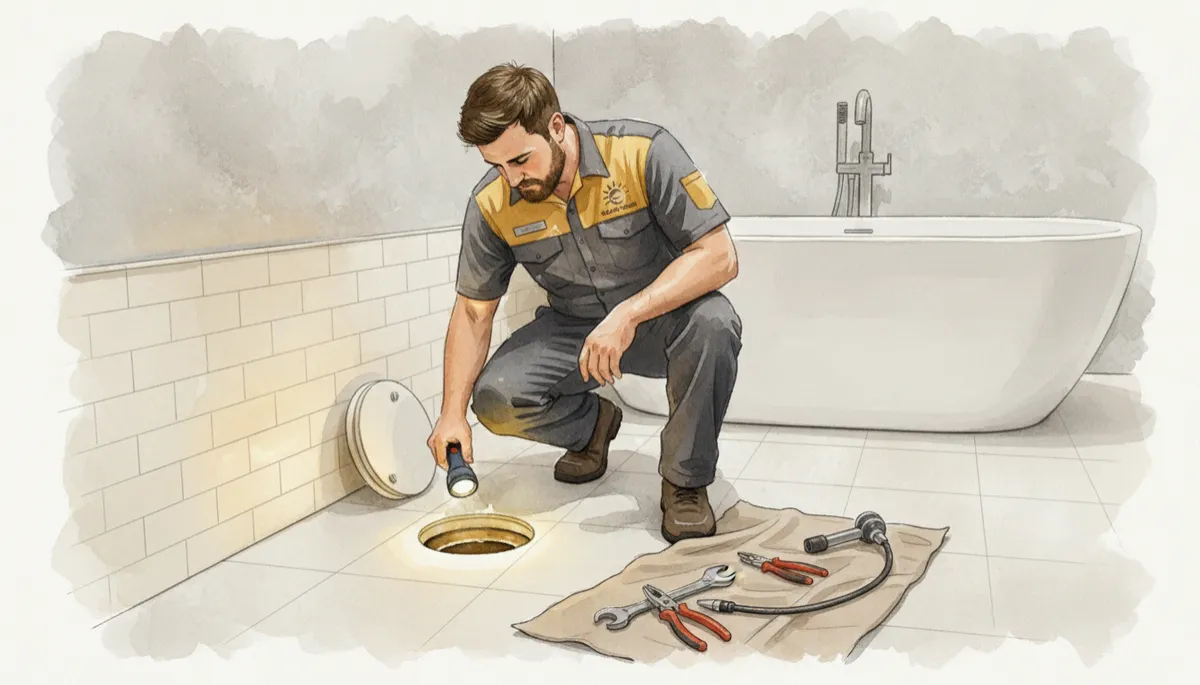 Gold Coast plumber inspecting a bathroom drain for drain flies and organic buildup Gold Coast plumber inspecting a bathroom drain for drain flies and organic buildup