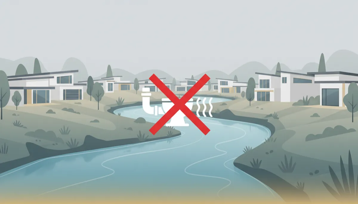 professional photorealistic view of a clean Australian river flowing through a suburban area with houses in the background, subtle overlay icons showing a toilet pipe leading to the river crossed out, neutral whites greys and soft gold accents professional photorealistic view of a clean Australian river flowing through a suburban area with houses in the background, subtle overlay icons showing a toilet pipe leading to the river crossed out, neutral whites greys and soft gold accents