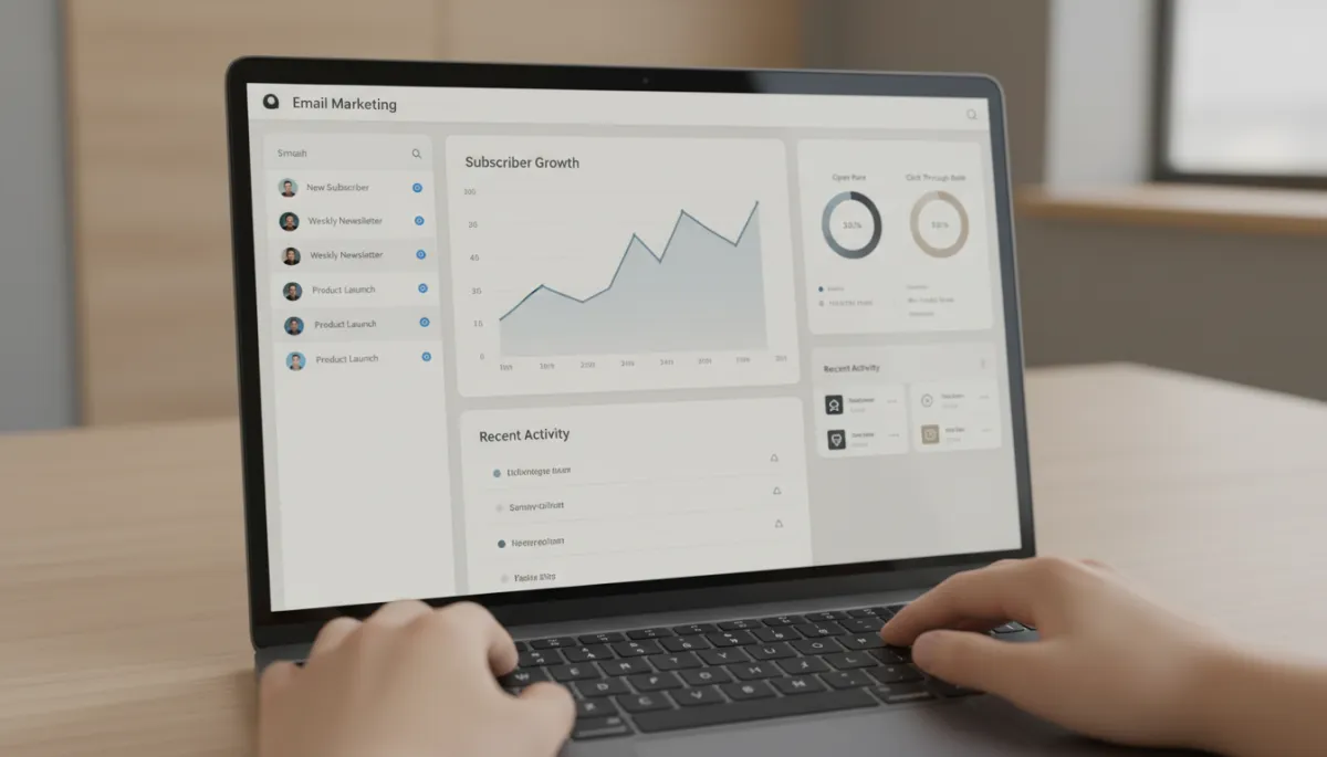 Email list dashboard on a laptop with subscriber growth charts in a neutral-toned office setting