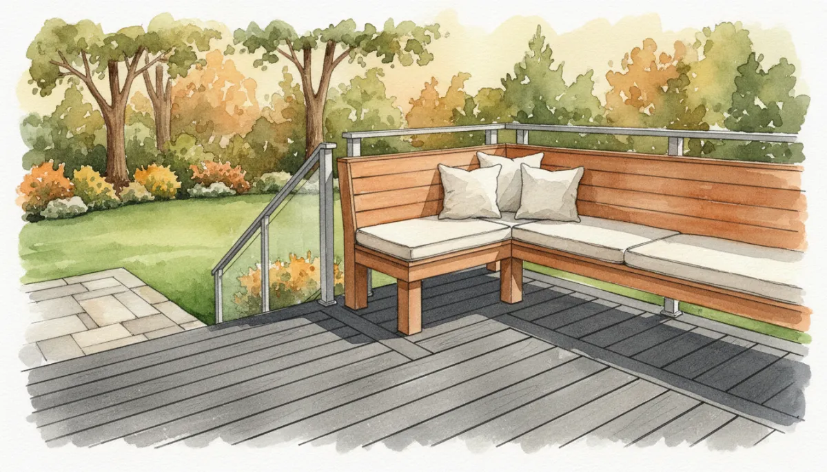 Dark composite deck boards with integrated seating and modern railing
