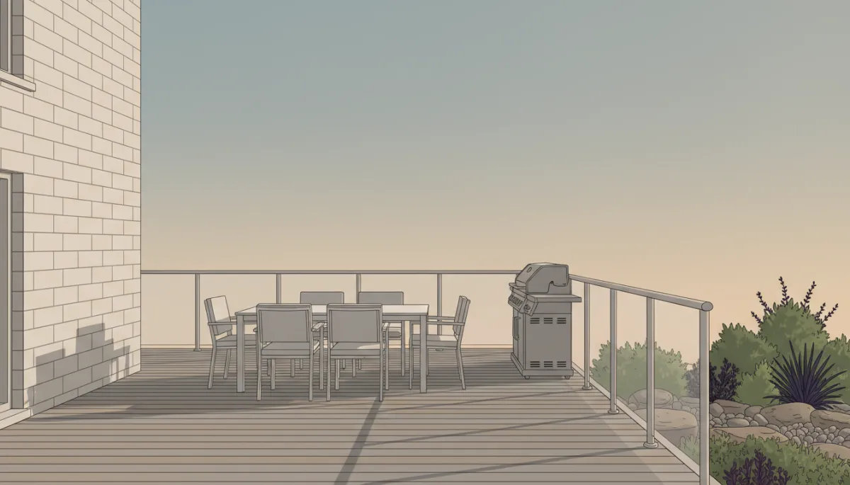 professional neutral-toned backyard in Waterloo with a newly built composite deck attached to a brick home, clean glass railings, outdoor dining set and barbecue, soft evening light, professional photorealistic style