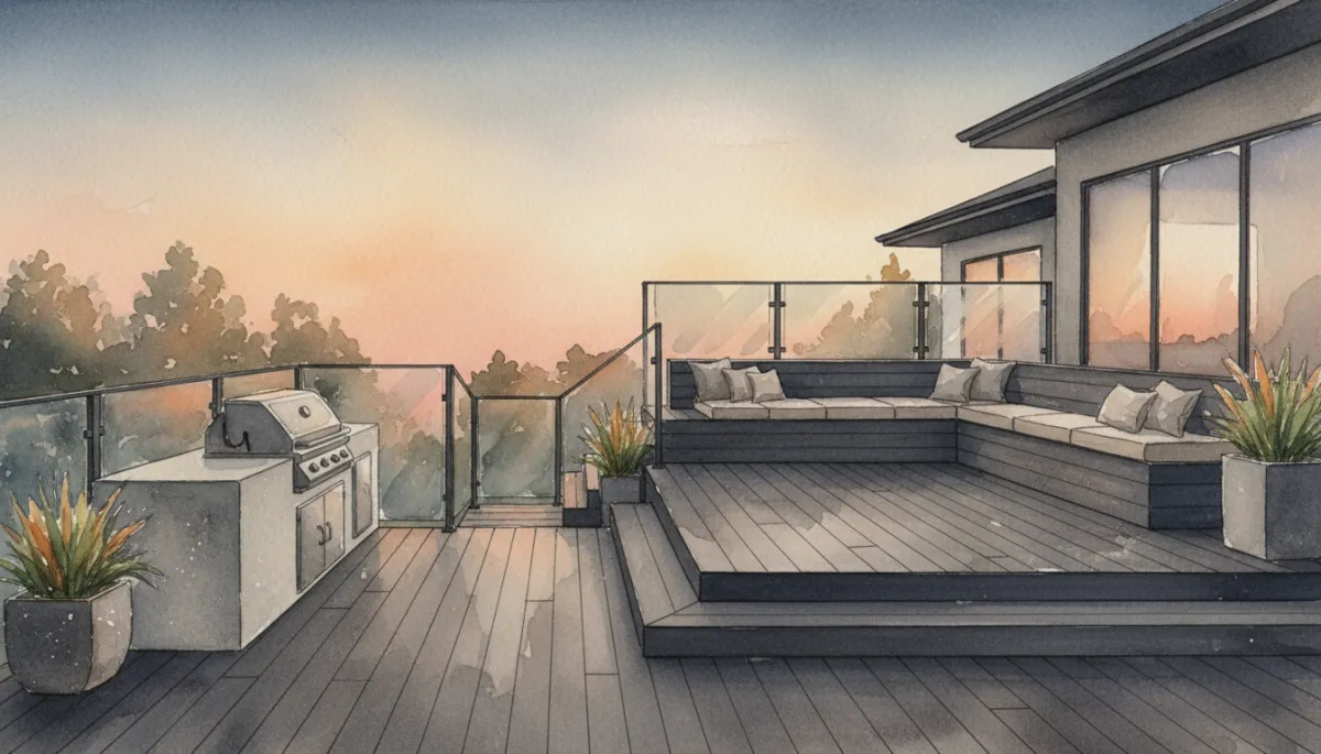 professional photorealistic neutral-toned multi-level backyard deck at a modern Waterloo home, featuring dark composite boards, integrated bench seating, sleek glass and metal railings, and a compact outdoor kitchen with grill and prep counter at dusk lighting