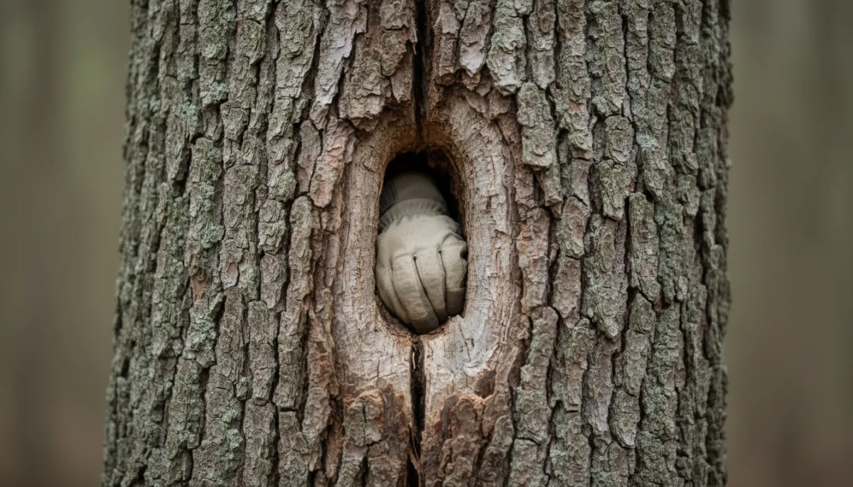 Close-up of damaged tree trunk with crack and hollow section