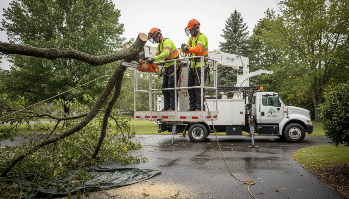 Tree service crew carefully pruning branches near a driveway Tree service crew carefully pruning branches near a driveway