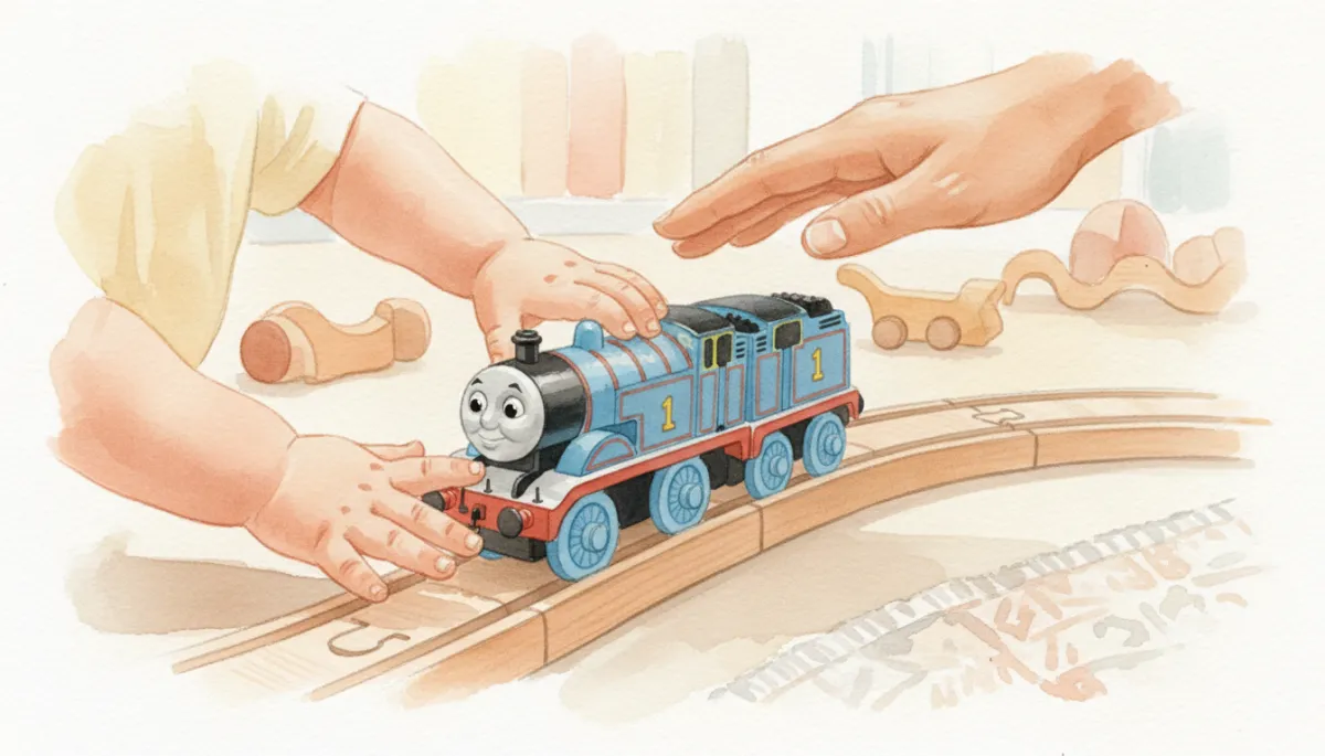 Toddler and parent playing together with a Thomas train on wooden tracks Toddler and parent playing together with a Thomas train on wooden tracks