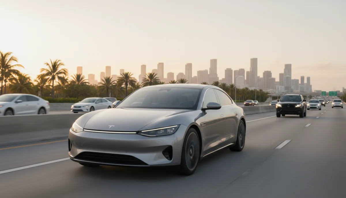Luxury sedan with ceramic-tinted windows driving near Miami International Airport